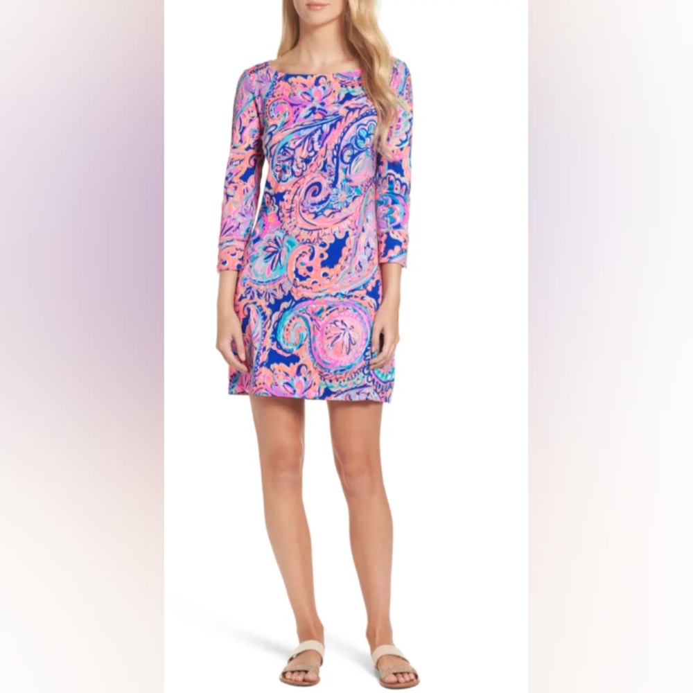 Lilly Pulitzer Sophie UPF 50 Blue Current Drop Me A Lime Jersey Tunic Dress XS
